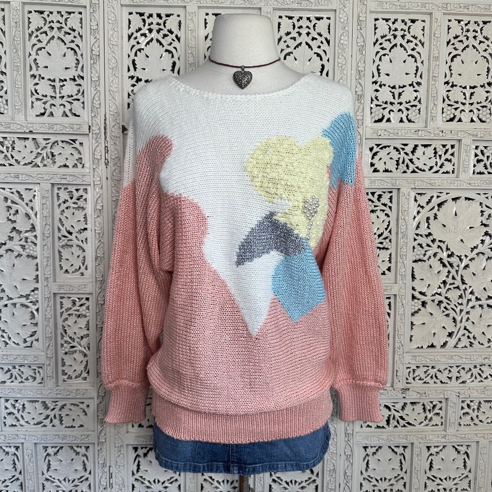Vintage Maurada Pink Pastel‎ Slouchy Sweater With Pearl Details Sz Small